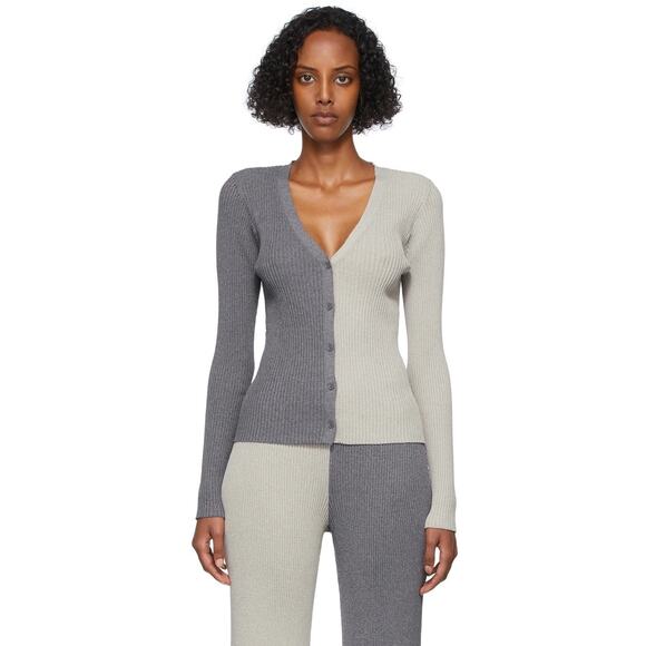 Staud Grey & Taupe Cargo Cardigan Colorblock Ribbed V-neck Sweater Large - Picture 1 of 7